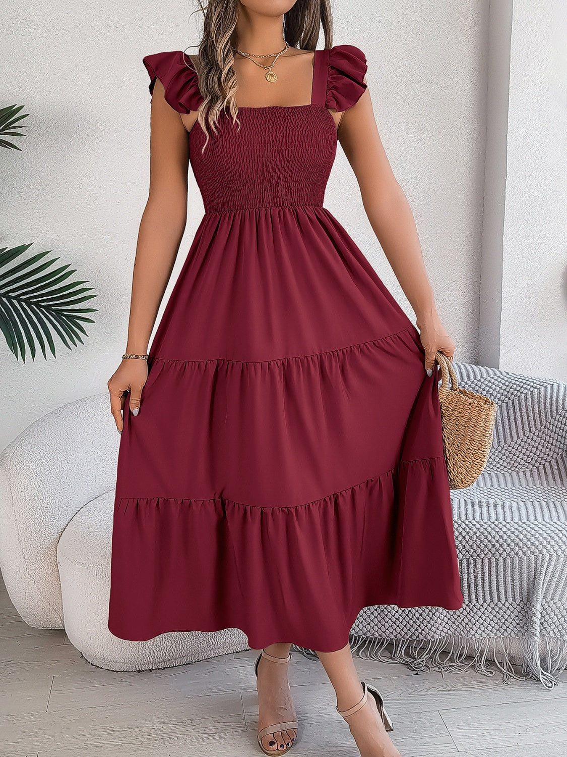 Smocked square neck cap sleeve midi dress