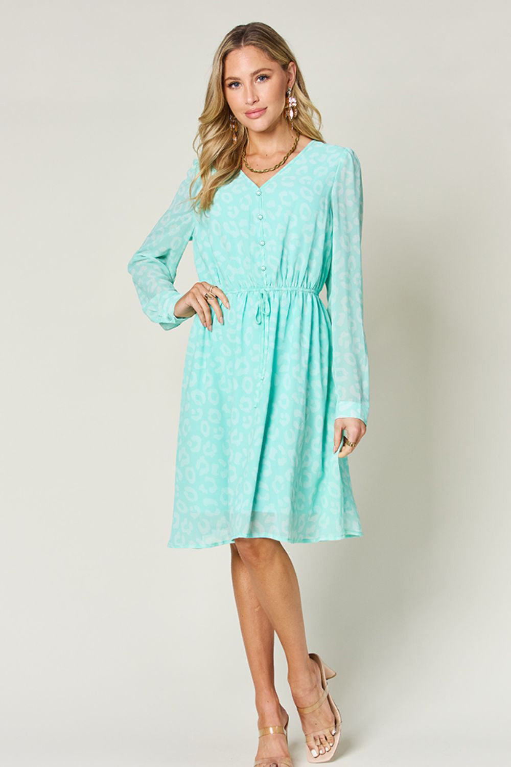 Double take full size printed ruched v-neck long sleeve dress