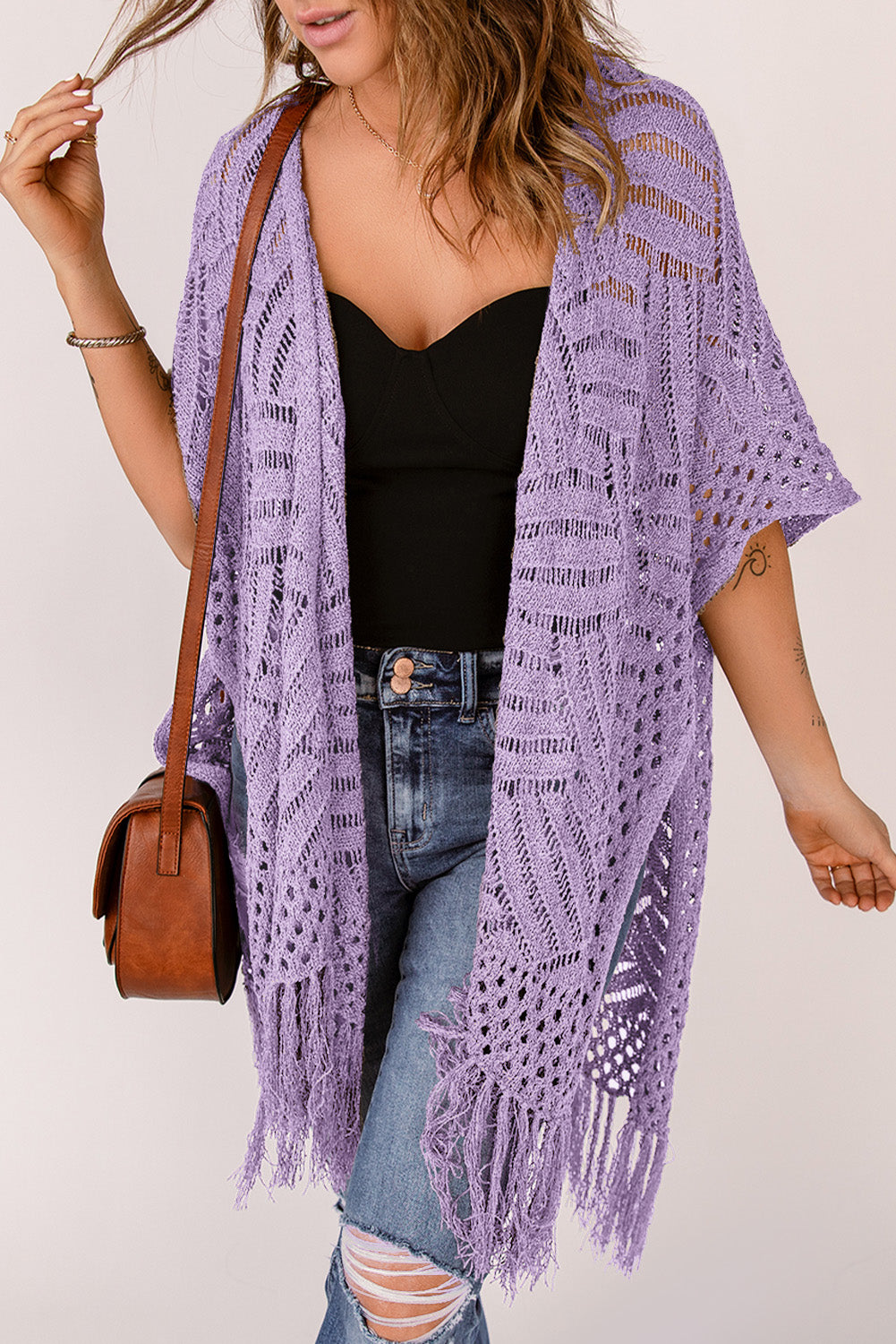 Openwork open front cardigan with fringes