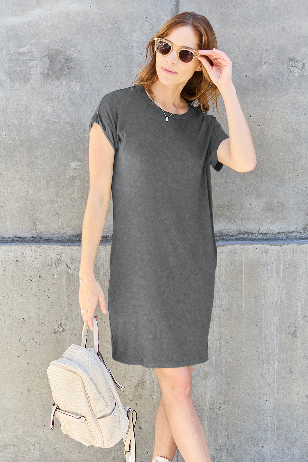 Basic bae full size round neck short sleeve dress with pockets - gray / s