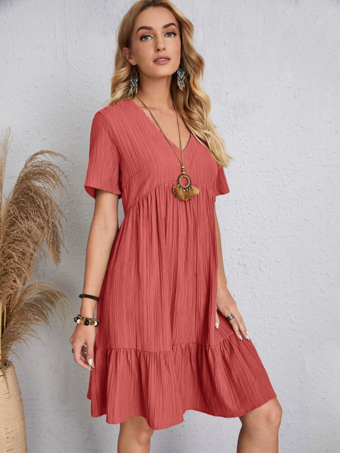 Full size v-neck short sleeve dress