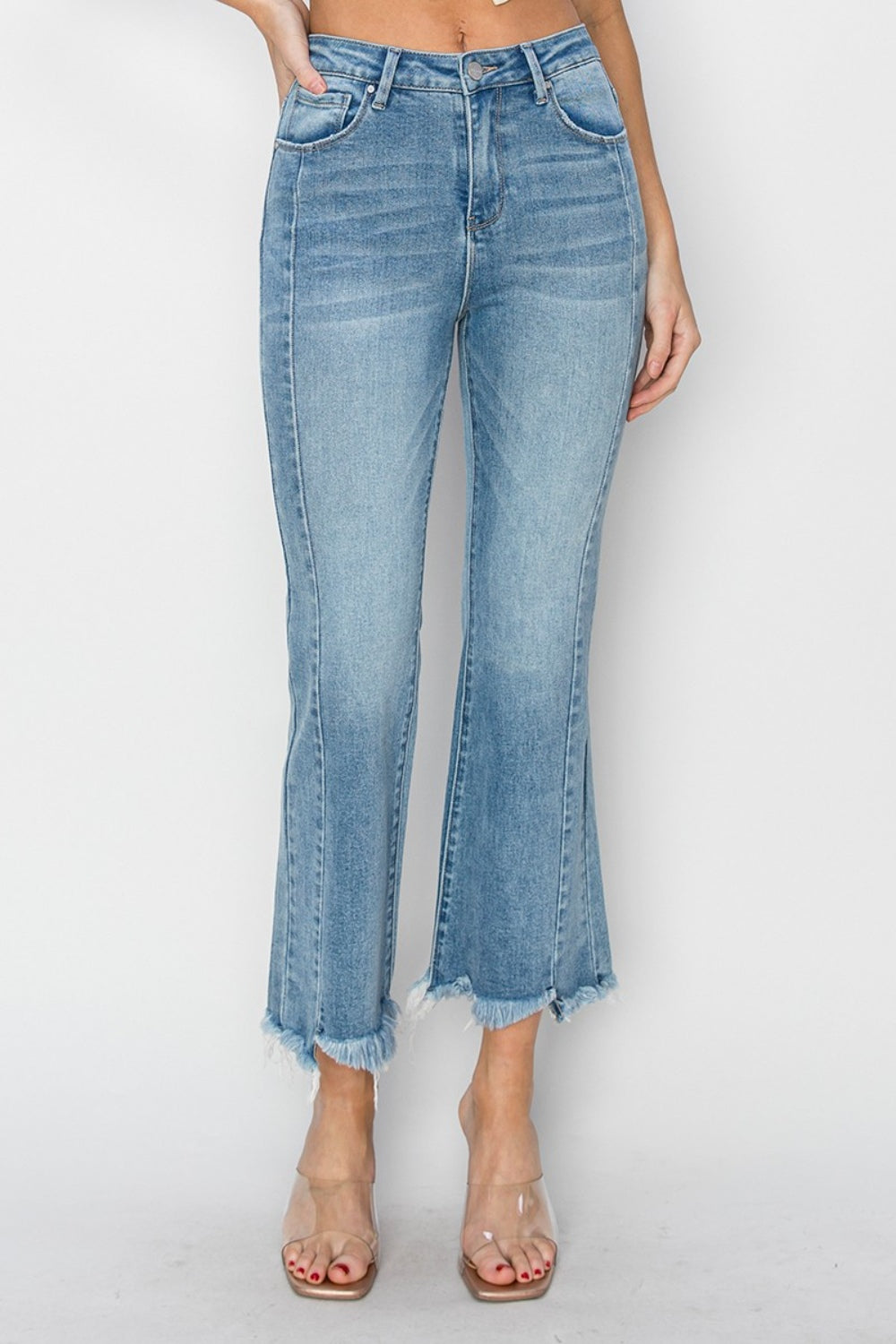 Risen full size high rise frayed hem flare jeans - light