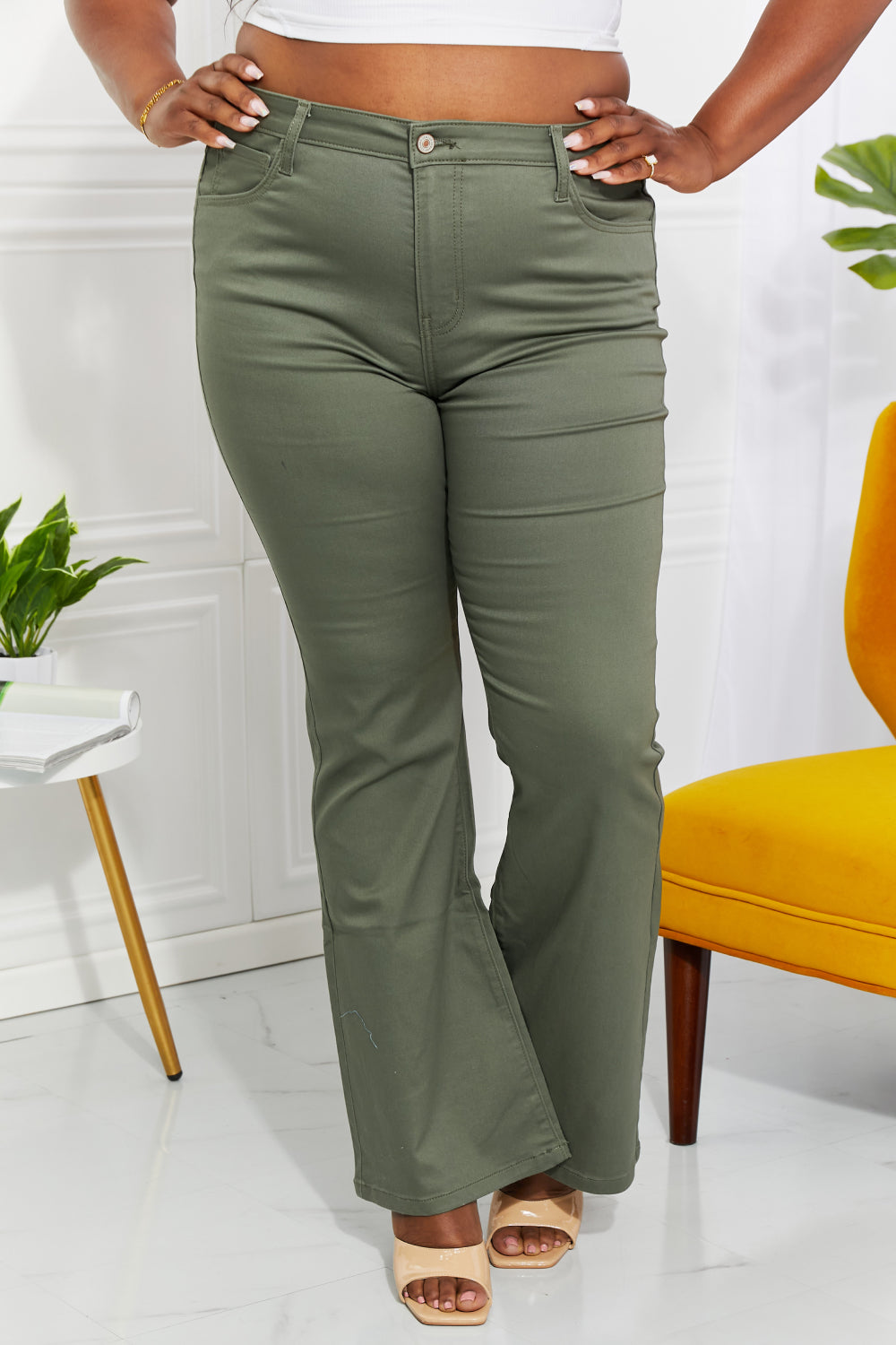 Zenana clementine full size high-rise bootcut jeans in olive