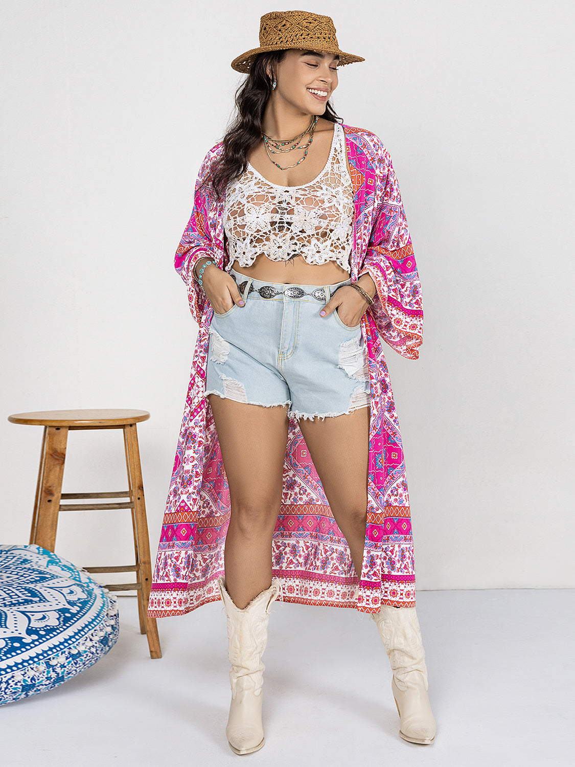 Plus size printed open front longline cardigan - hot pink / 0xl