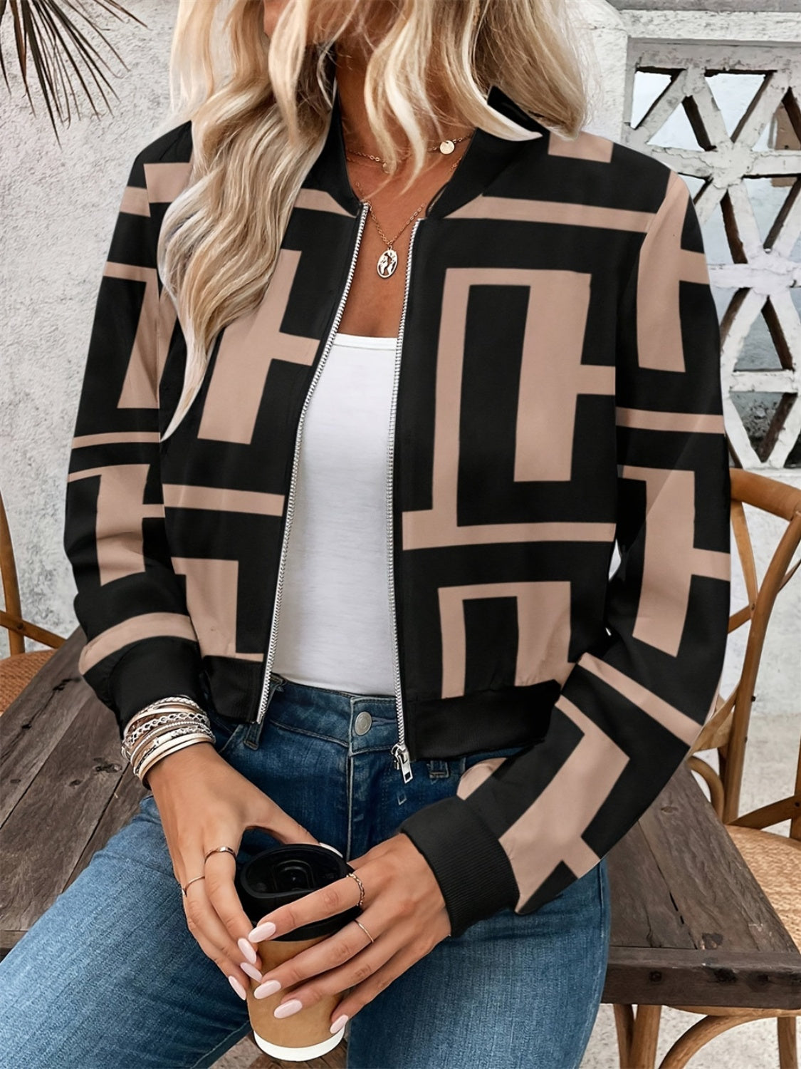 Geometric baseball collar zip up jacket