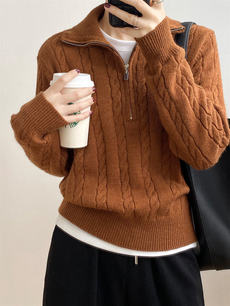 Cable-knit half zip long sleeve sweater - caramel / one size