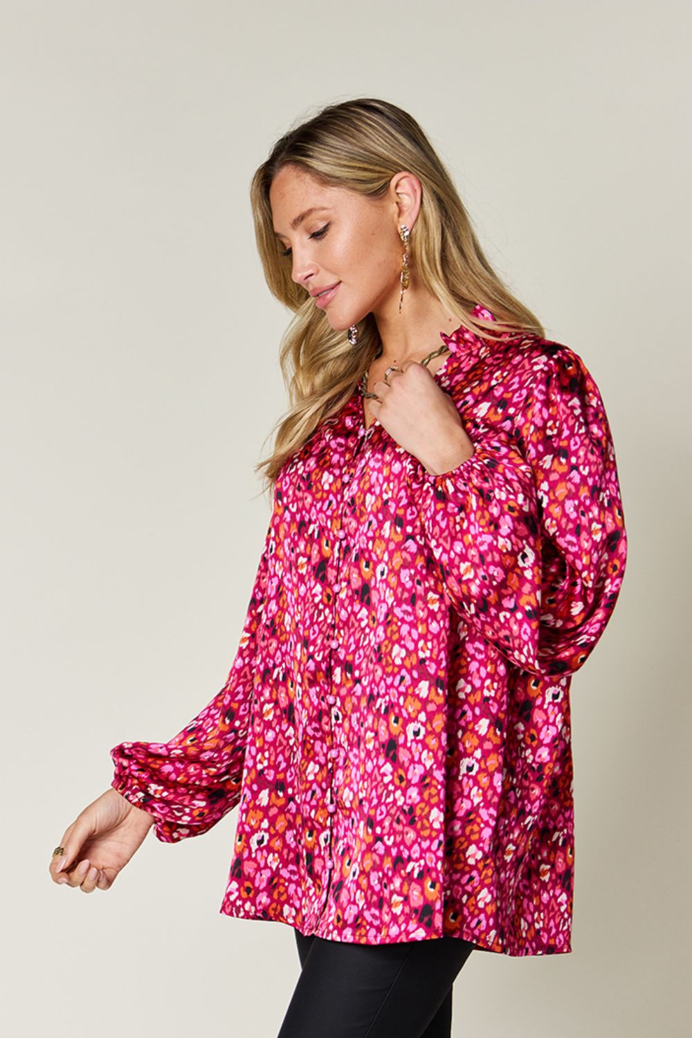 Double take full size printed balloon sleeve shirt