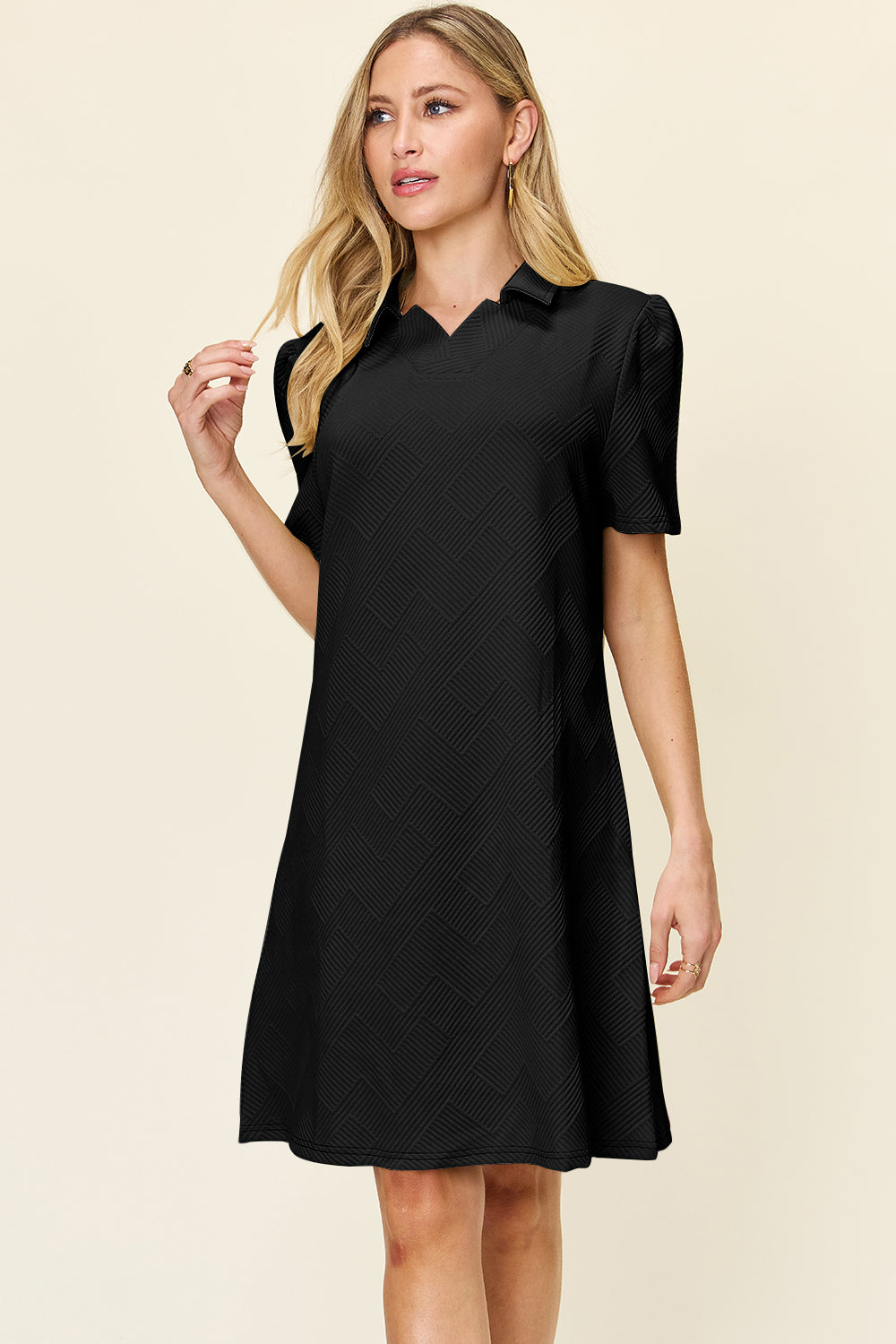 Double take full size texture collared neck short sleeve dress - black / s