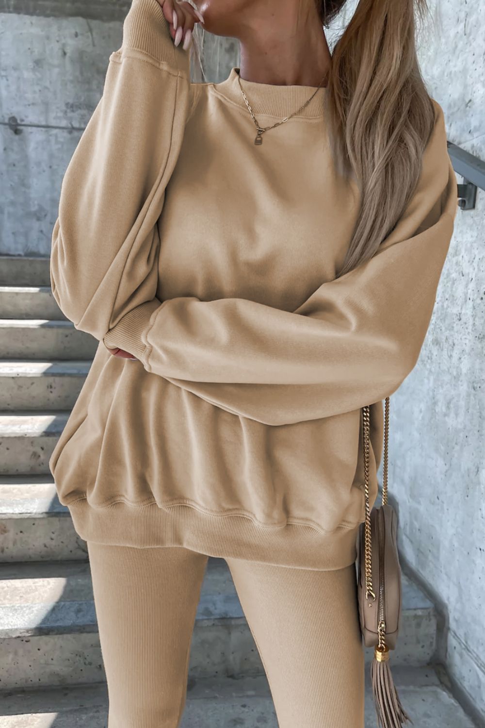 Round neck dropped shoulder sweatshirt and pants set