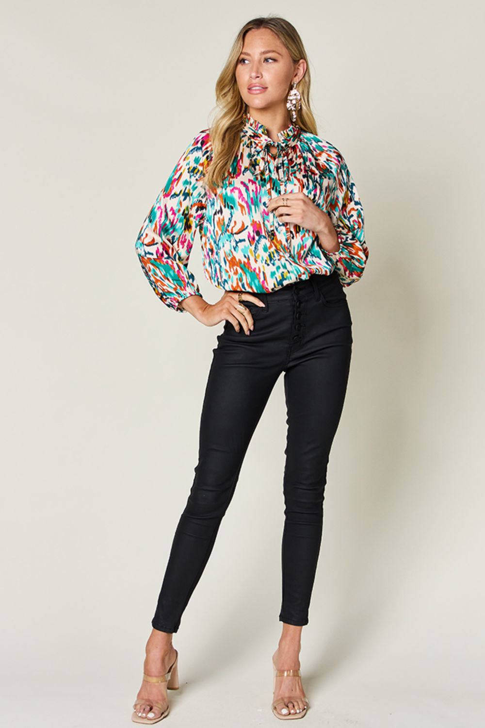 Double take full size printed button up long sleeve shirt