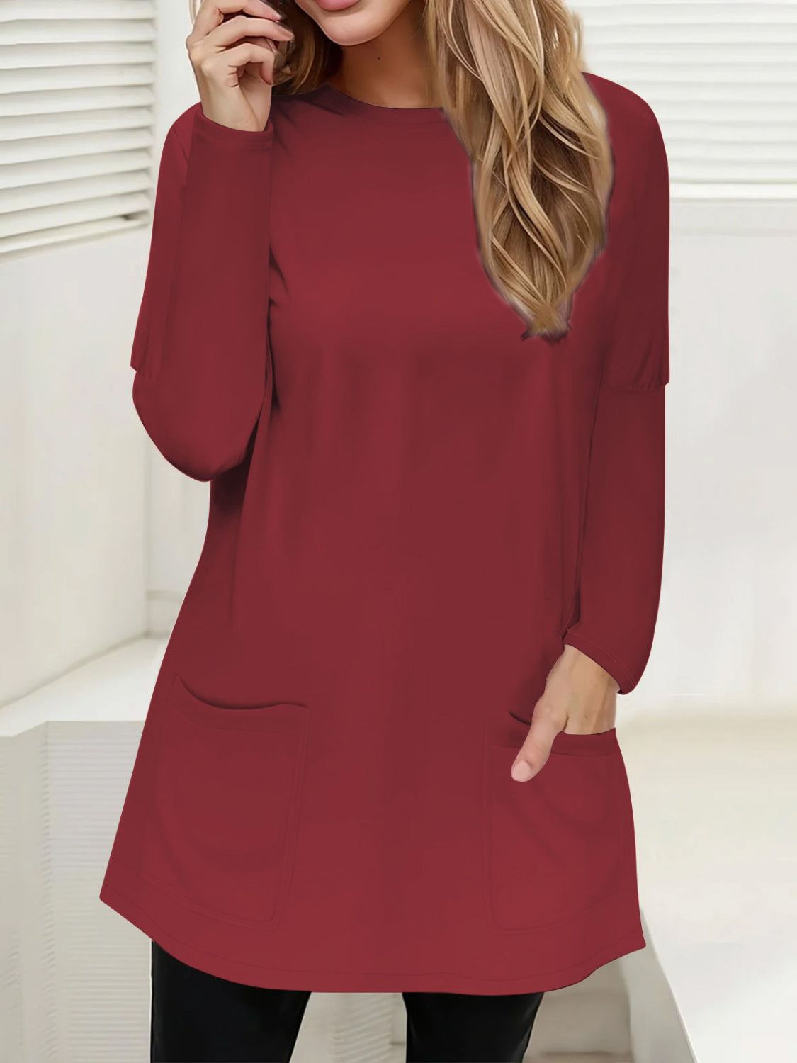 Full size pocketed round neck long sleeve t-shirt - burgundy / s