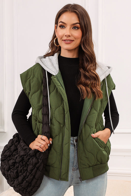 Drawstring zip up hooded vest coat - moss / s