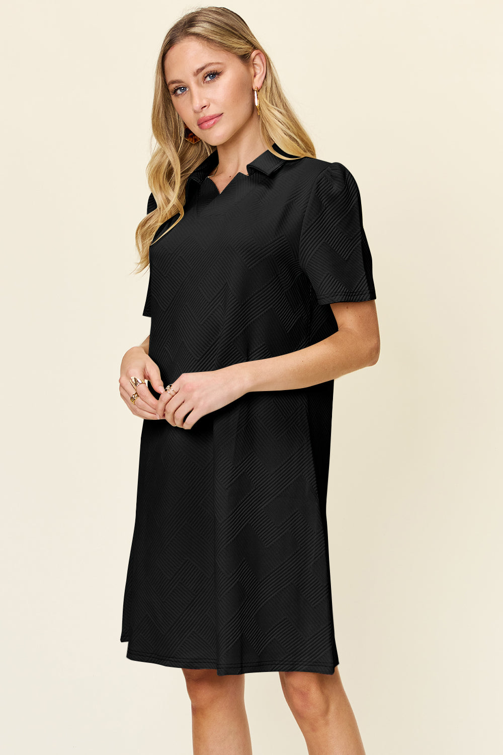 Double take full size texture collared neck short sleeve dress