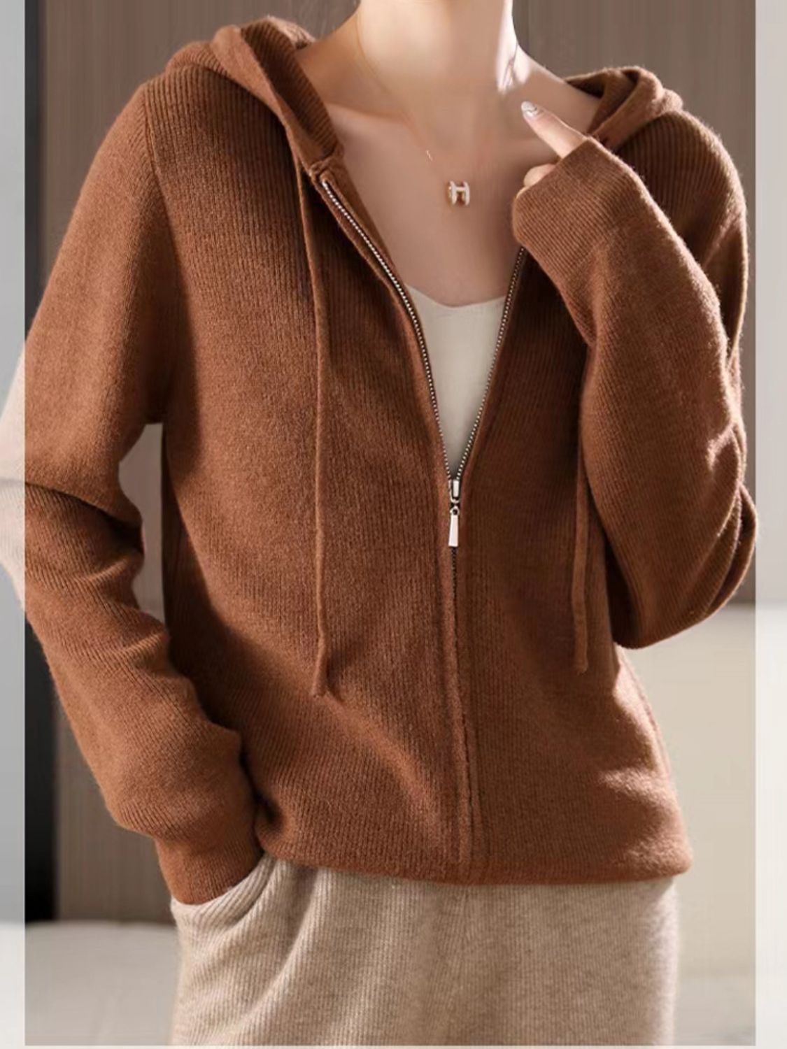 Drawstring zip up long sleeve hooded sweater - caramel / one size