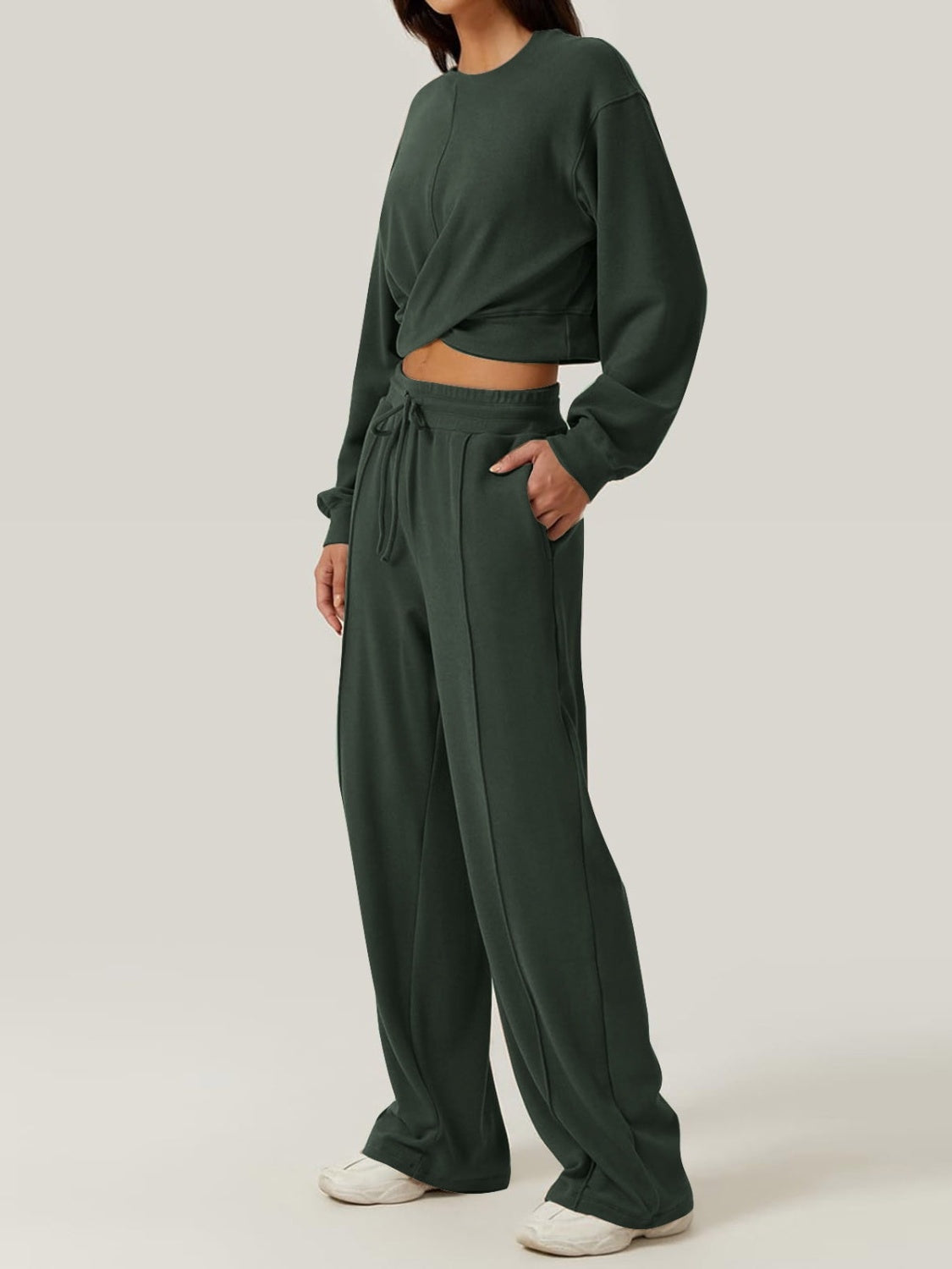 Crisscross round neck top and drawstring pants set