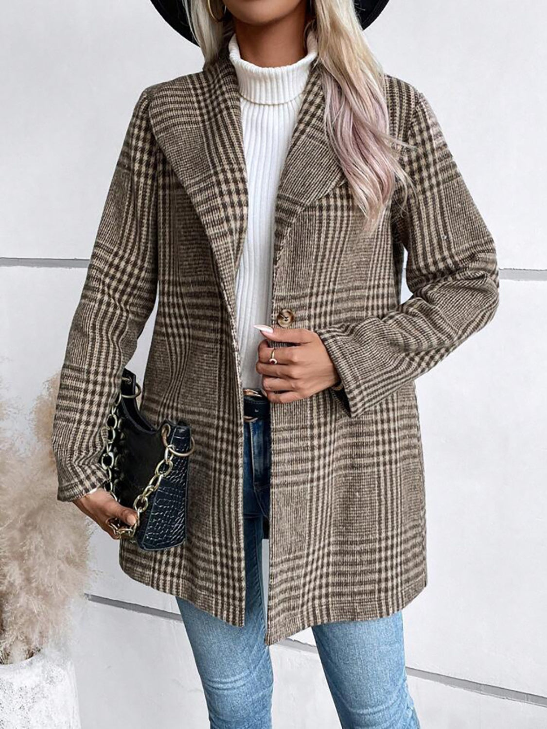 Plaid collared neck long sleeve jacket - coffee brown / s