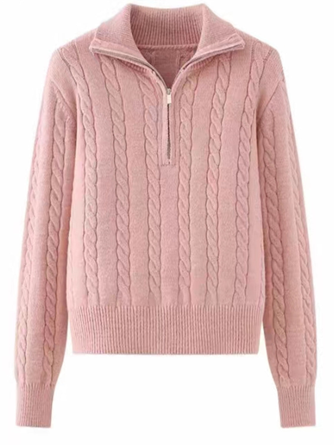 Cable-knit half zip long sleeve sweater