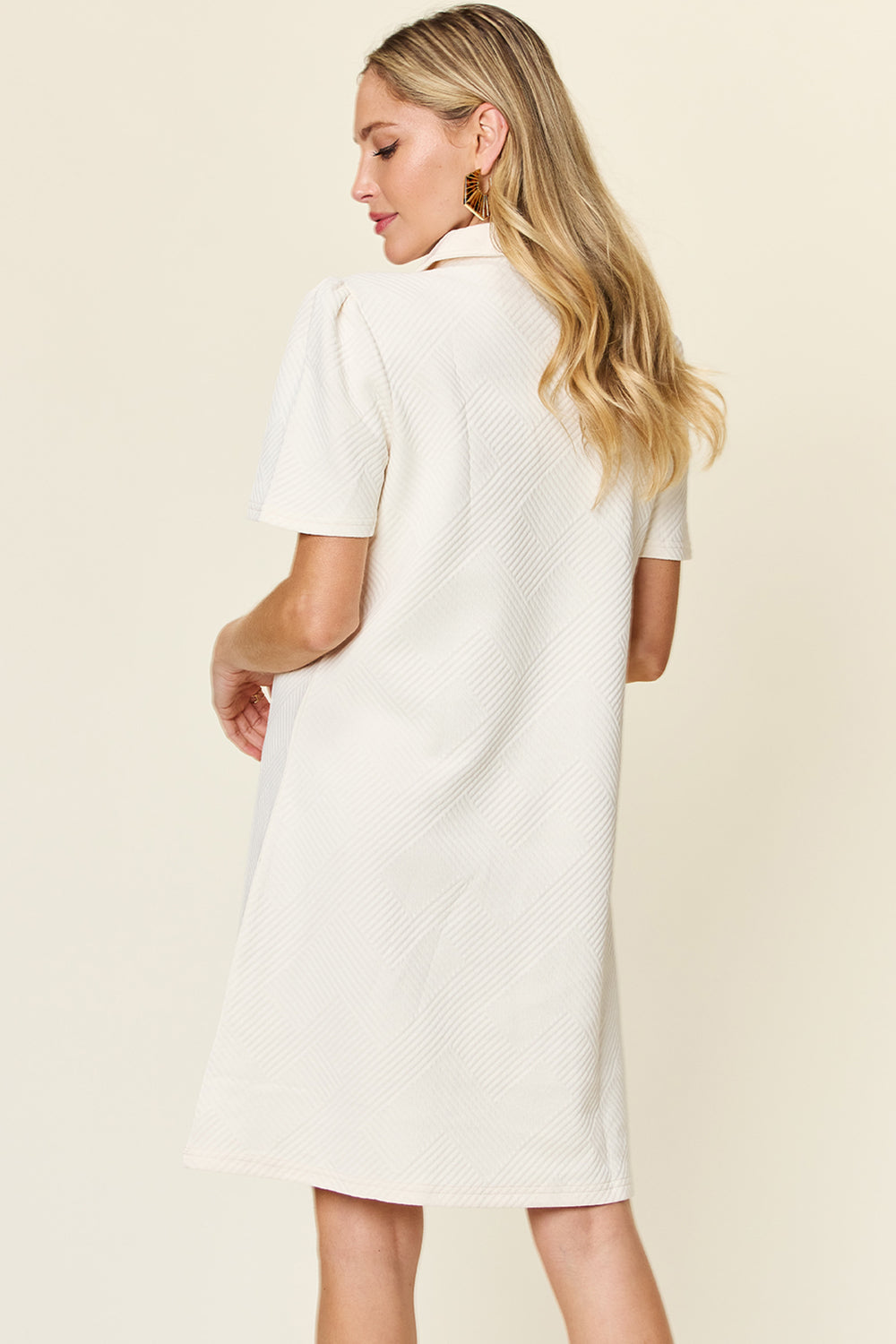 Double take full size texture collared neck short sleeve dress