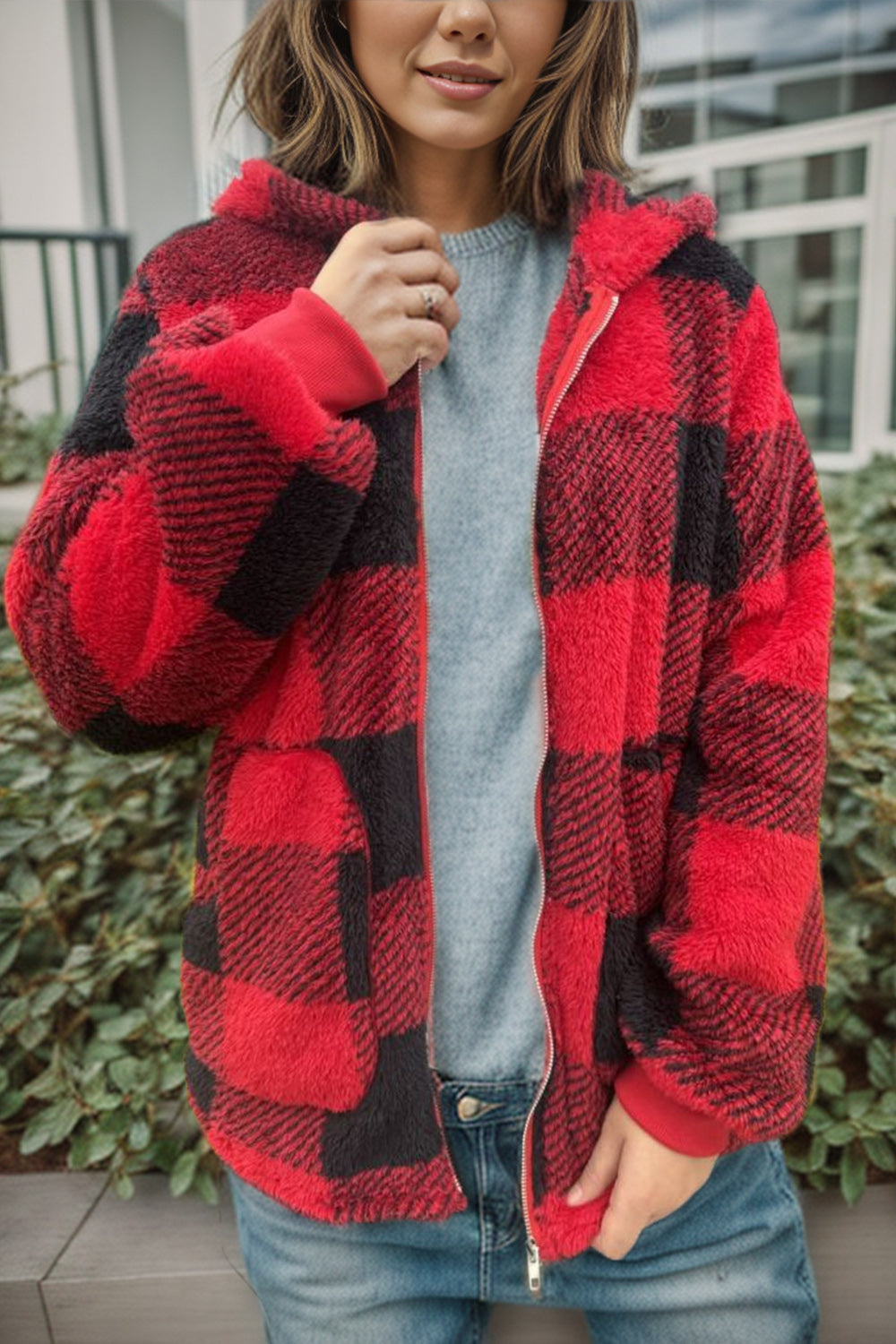 Double take full size plaid long sleeve hooded coat - red / s