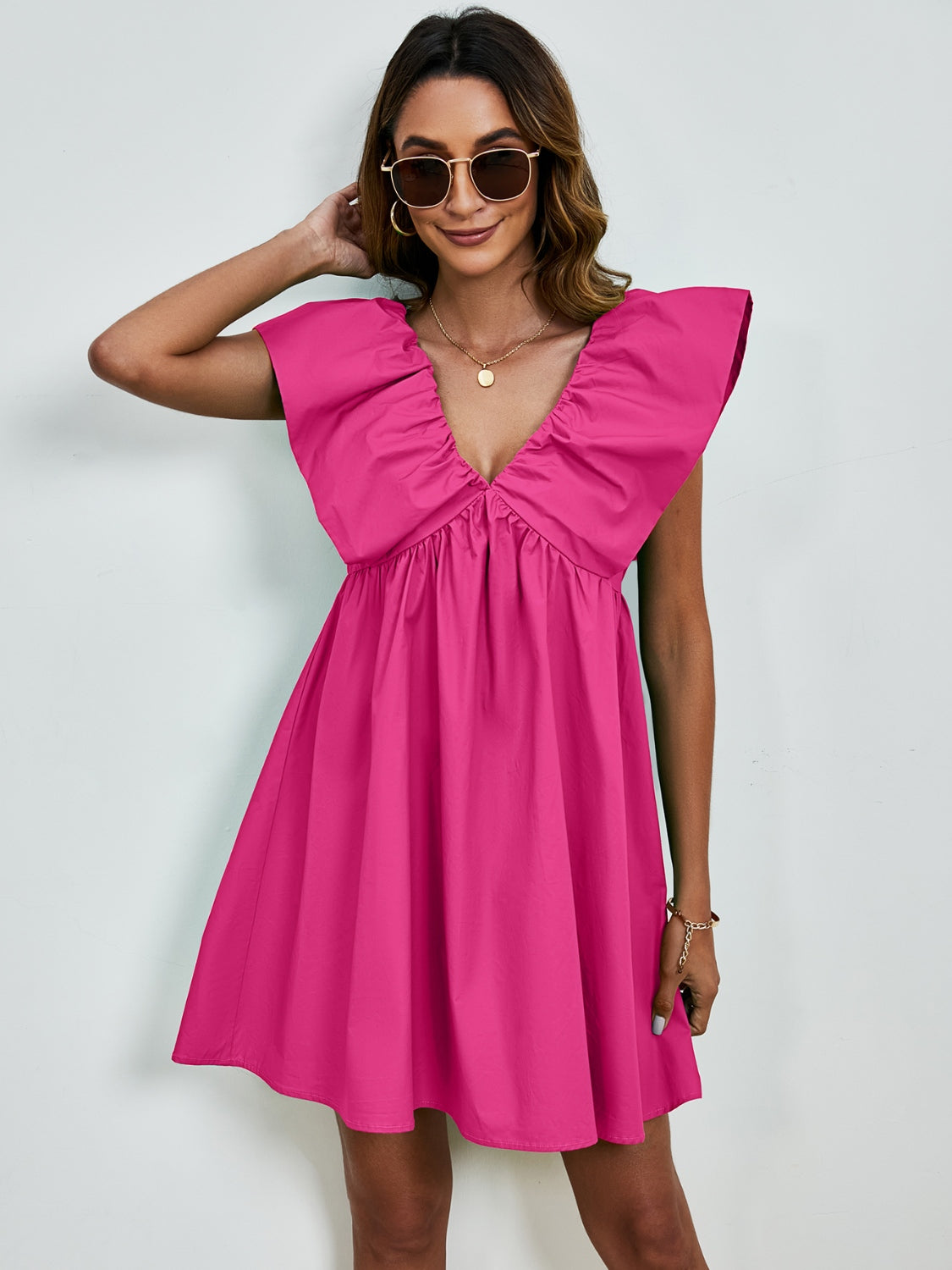 V-neck cap sleeve mini dress