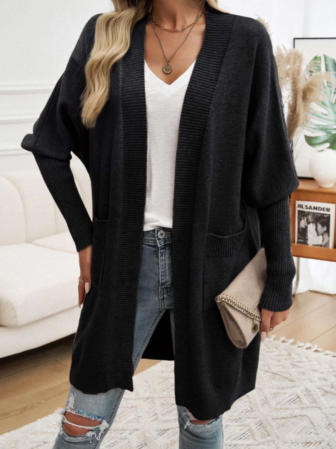 Open front long sleeve cardigan - black / s