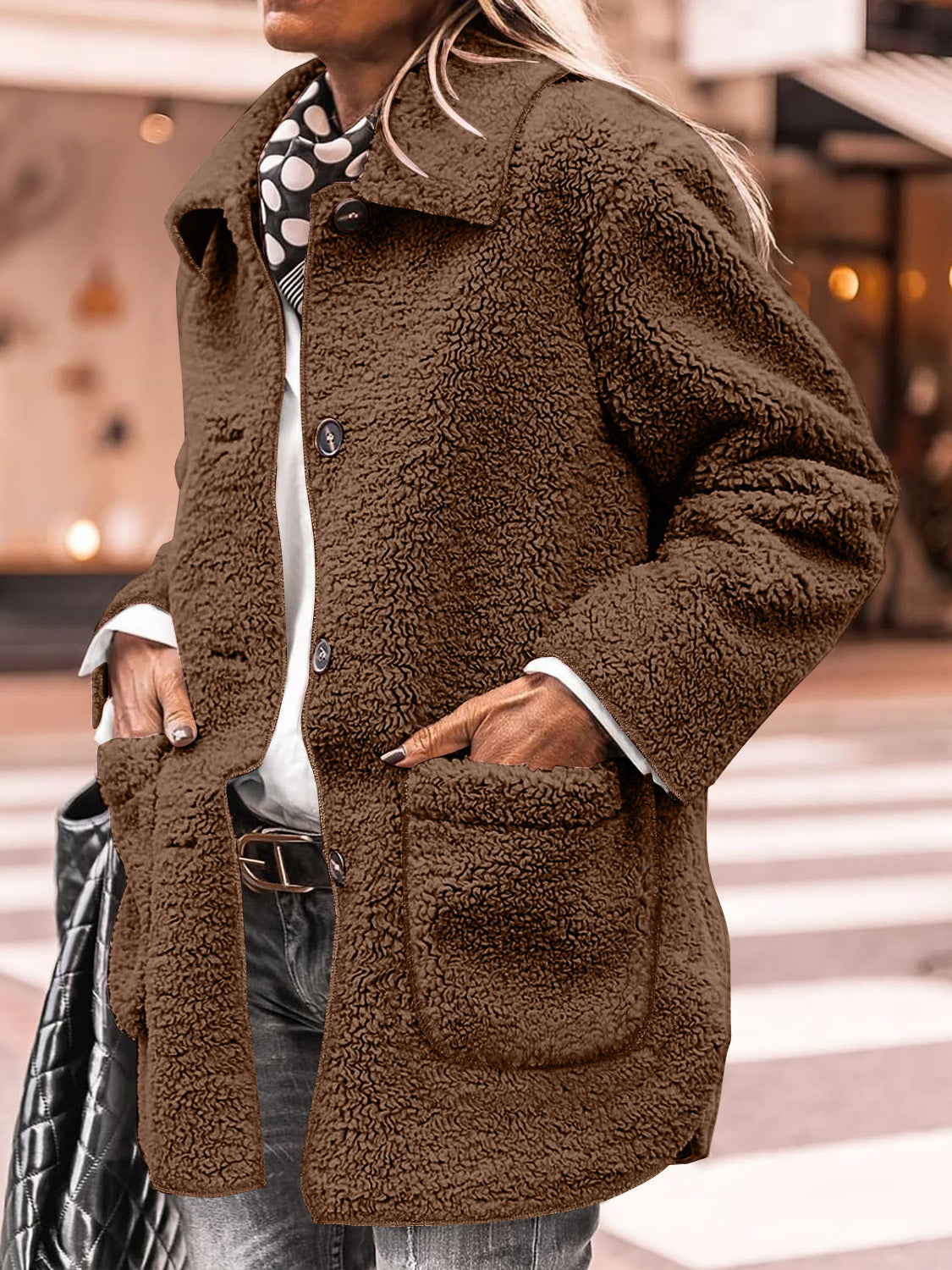 Sherpa pocketed collared neck long sleeve jacket - brown / s