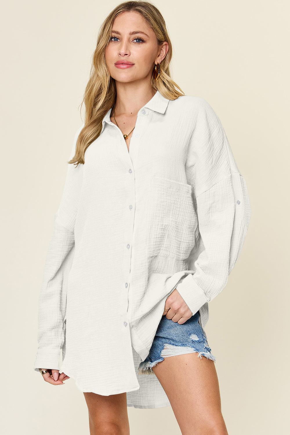 Double take full size pocketed texture button up shirt