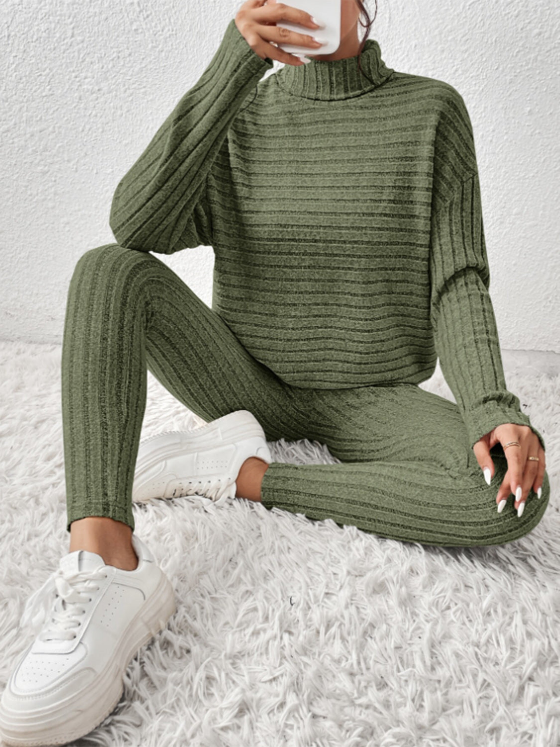 Ribbed turtleneck top and pants set