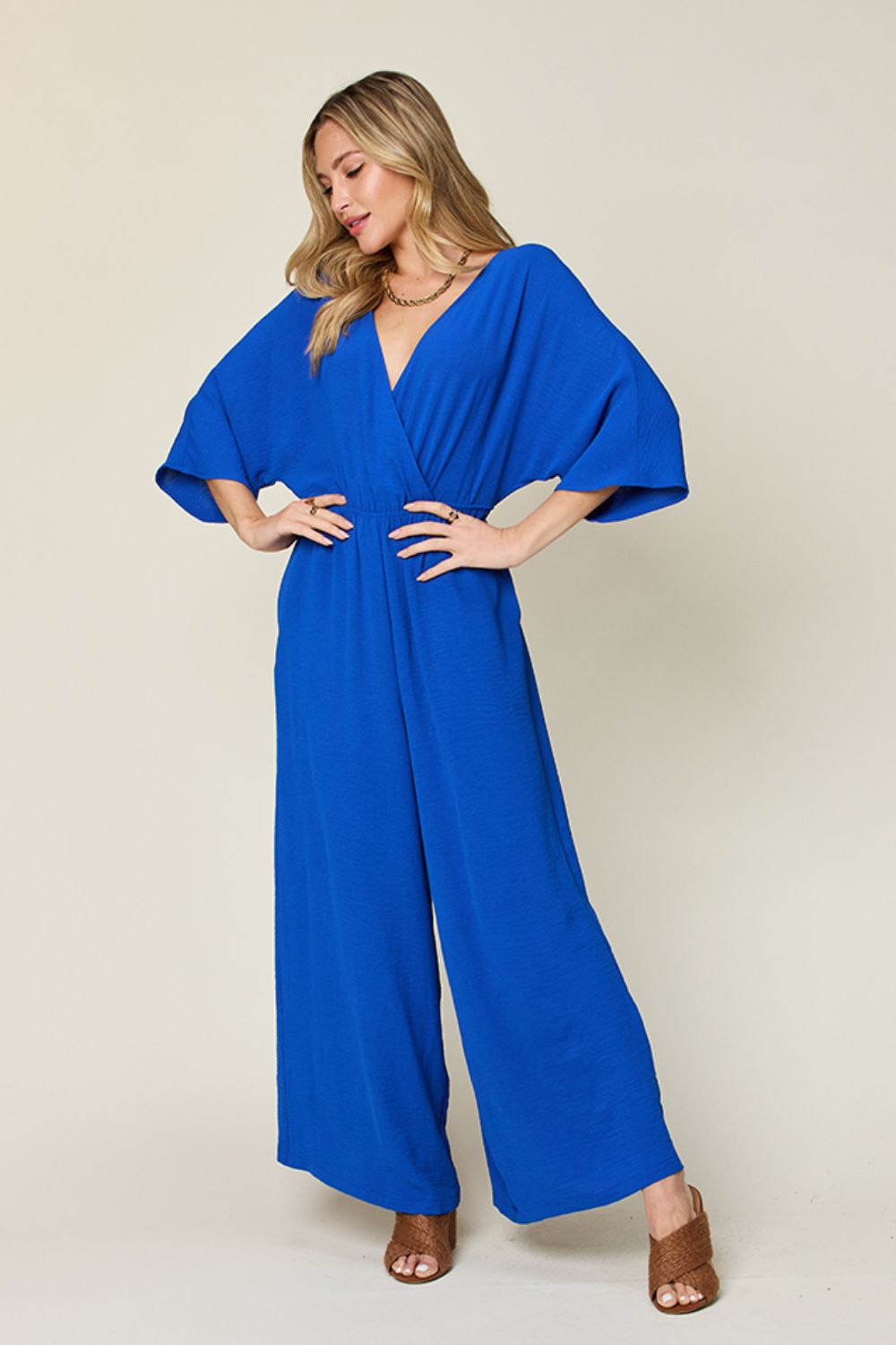 Double take full size surplice wide leg jumpsuit with pockets - royal blue / s