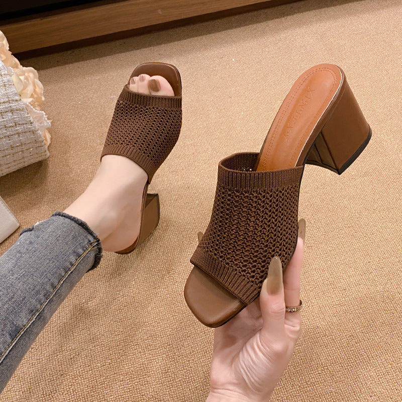 Block heel knit sandals - brown / 35(us4)