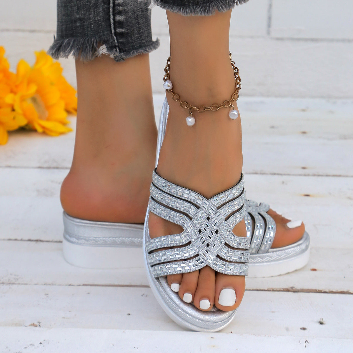 Rhinestone open toe wedge sandals