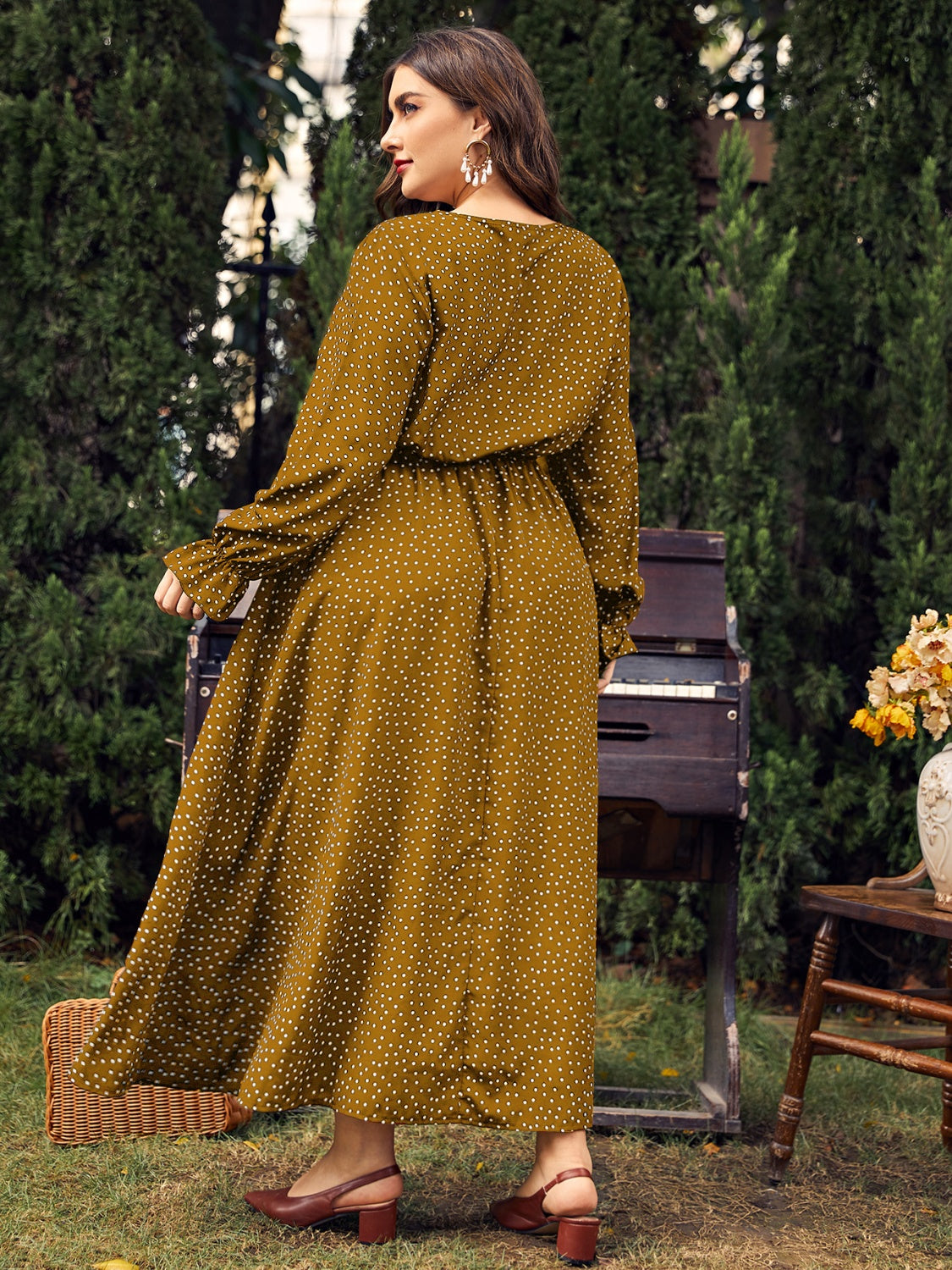 Plus size ruffled polka dot long sleeve midi dress