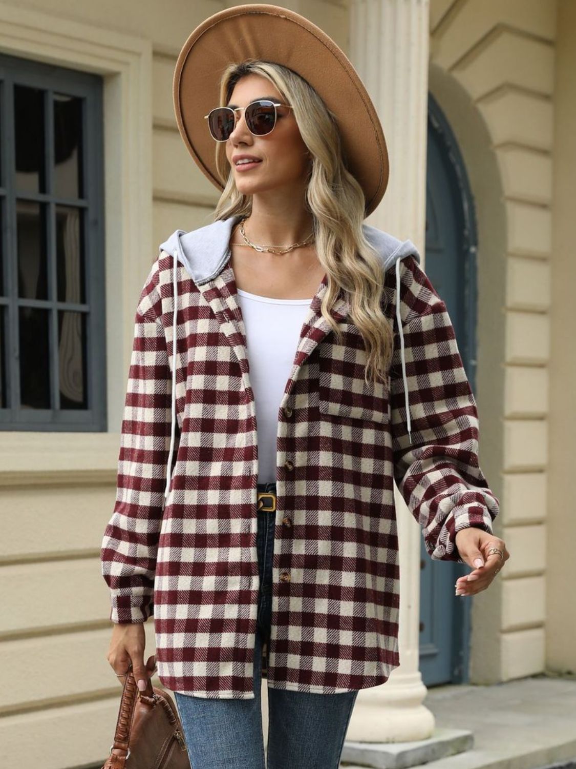 Drawstring plaid long sleeve hooded jacket