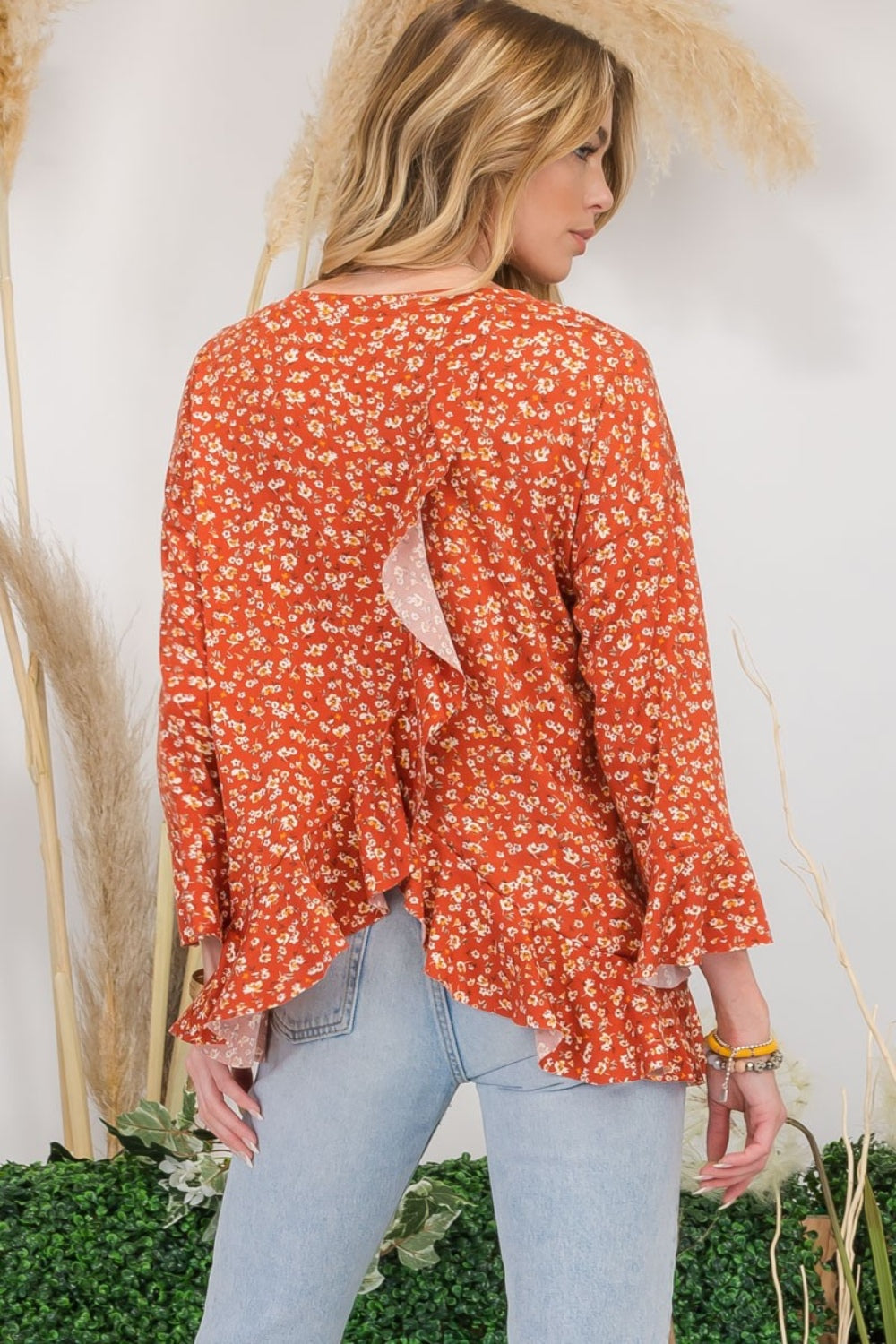 Celeste full size floral ruffle detail top