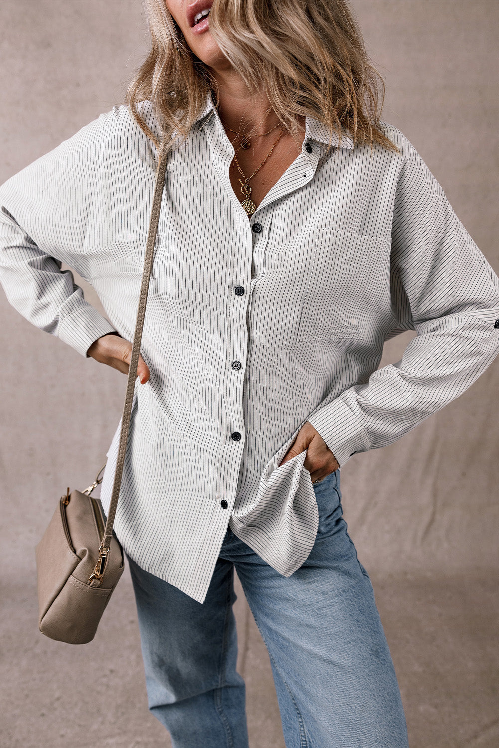 Pocketed striped collared neck long sleeve shirt