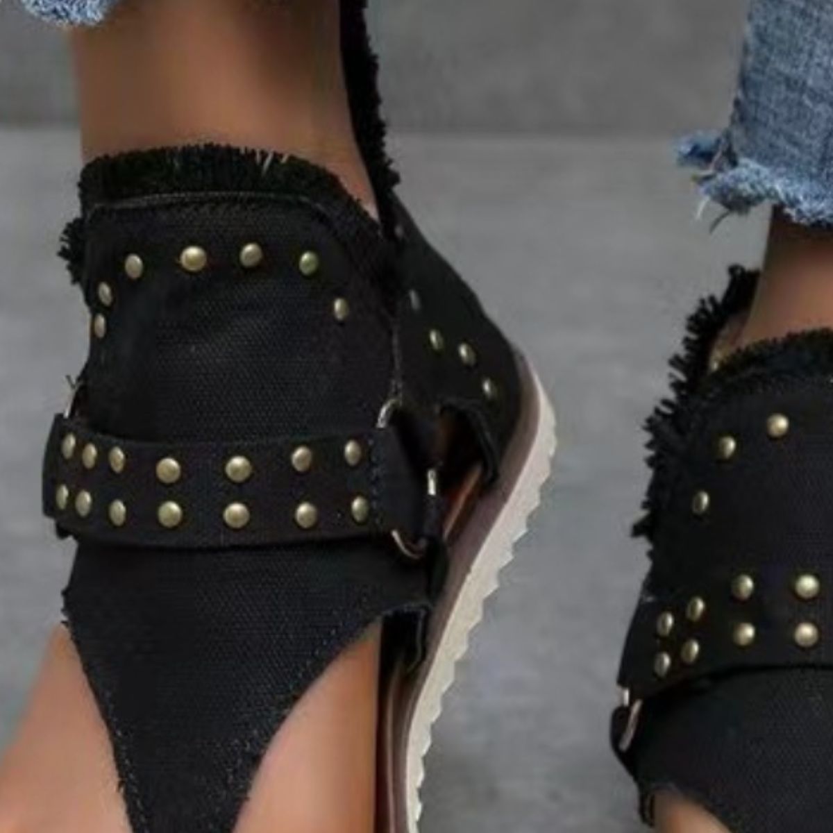 Studded raw hem flat sandals