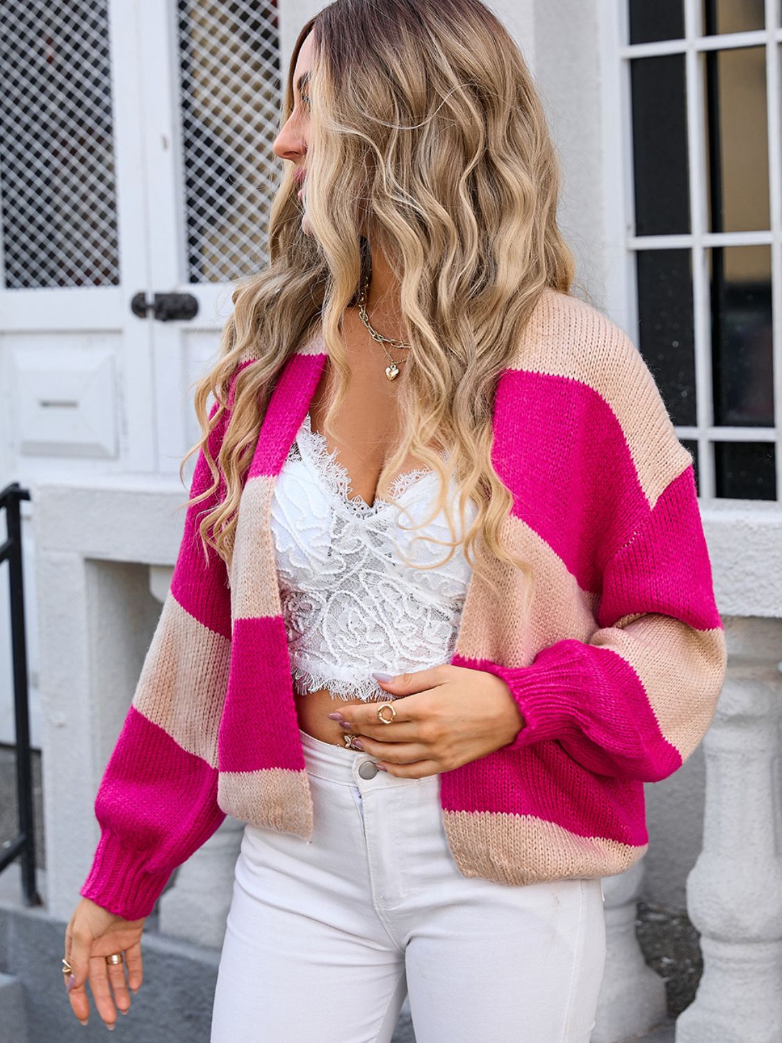 Striped open front dropped shoulder cardigan - deep rose / s