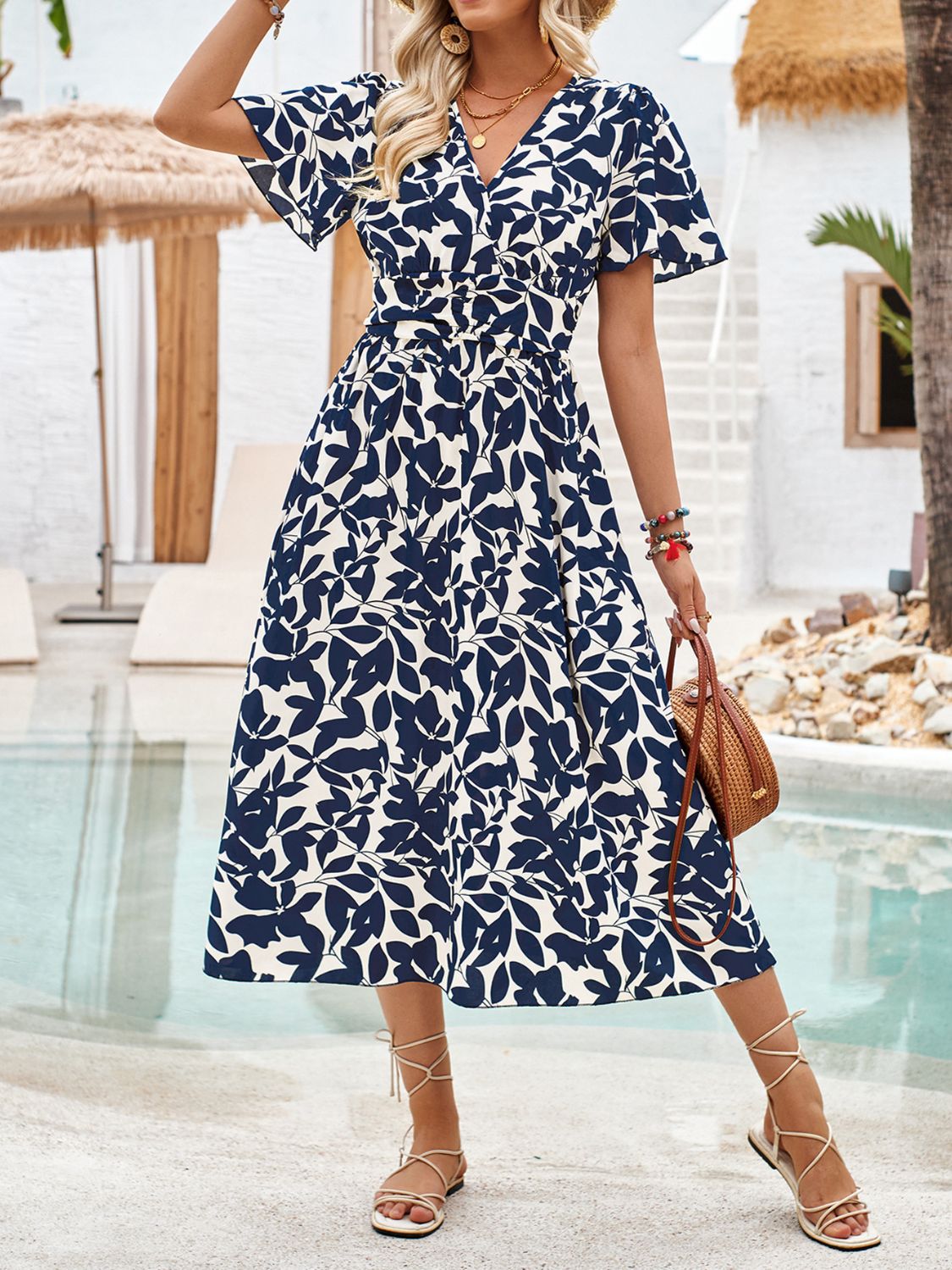 Printed surplice short sleeve midi dress