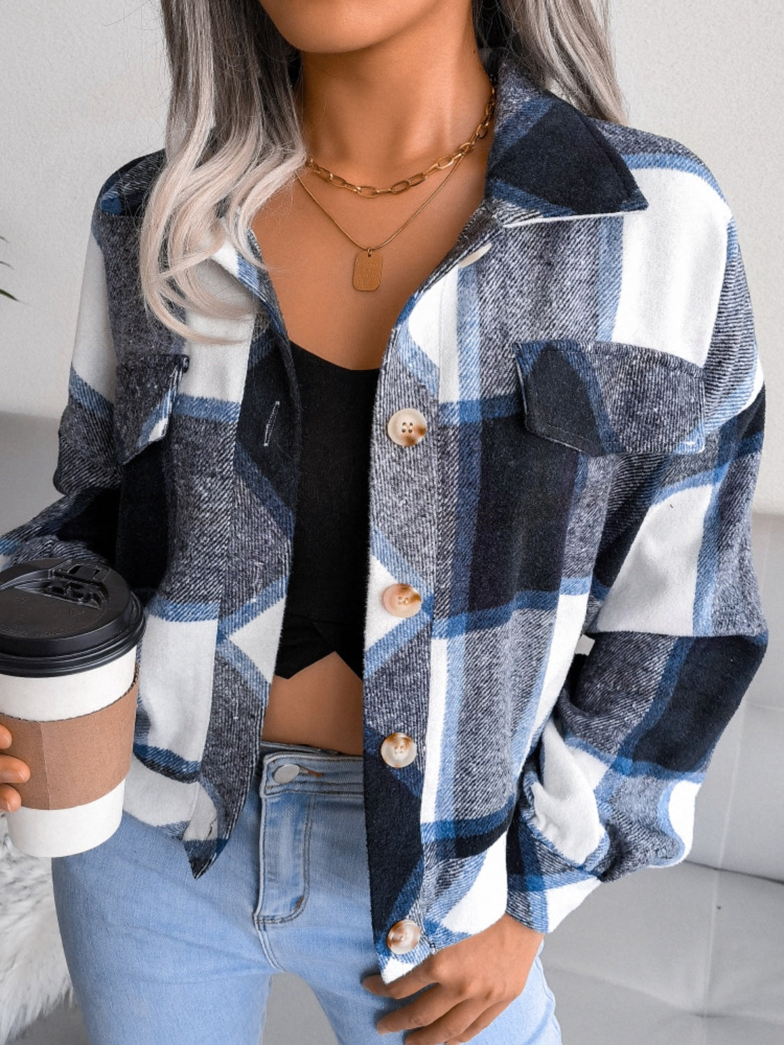 Plaid collared neck long sleeve jacket