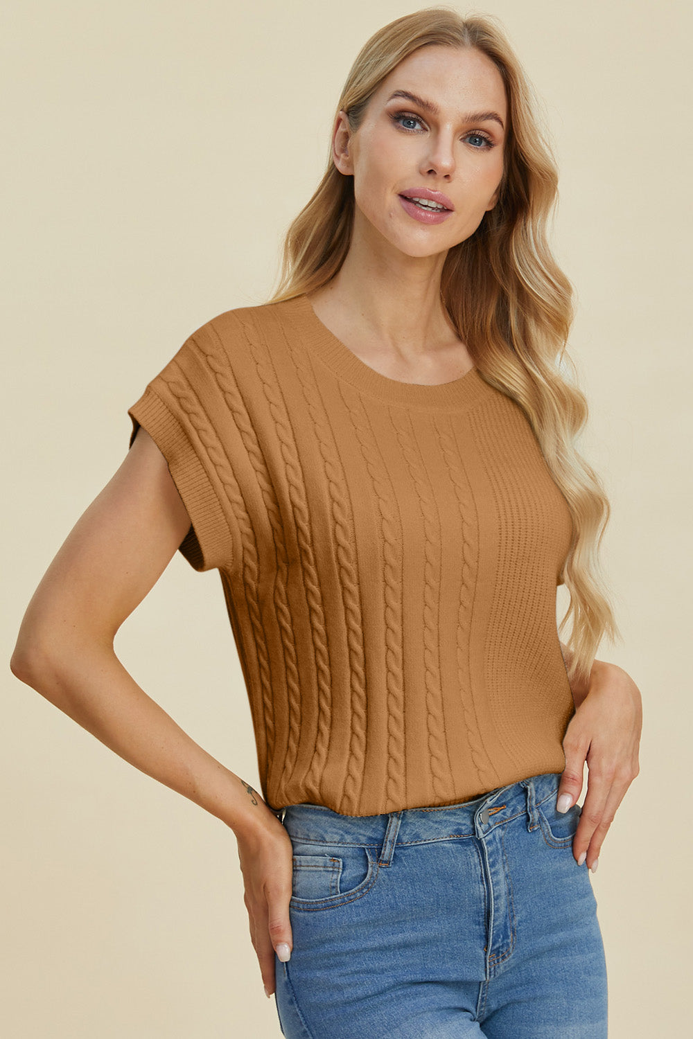 Double take full size cable-knit round neck short sleeve sweater