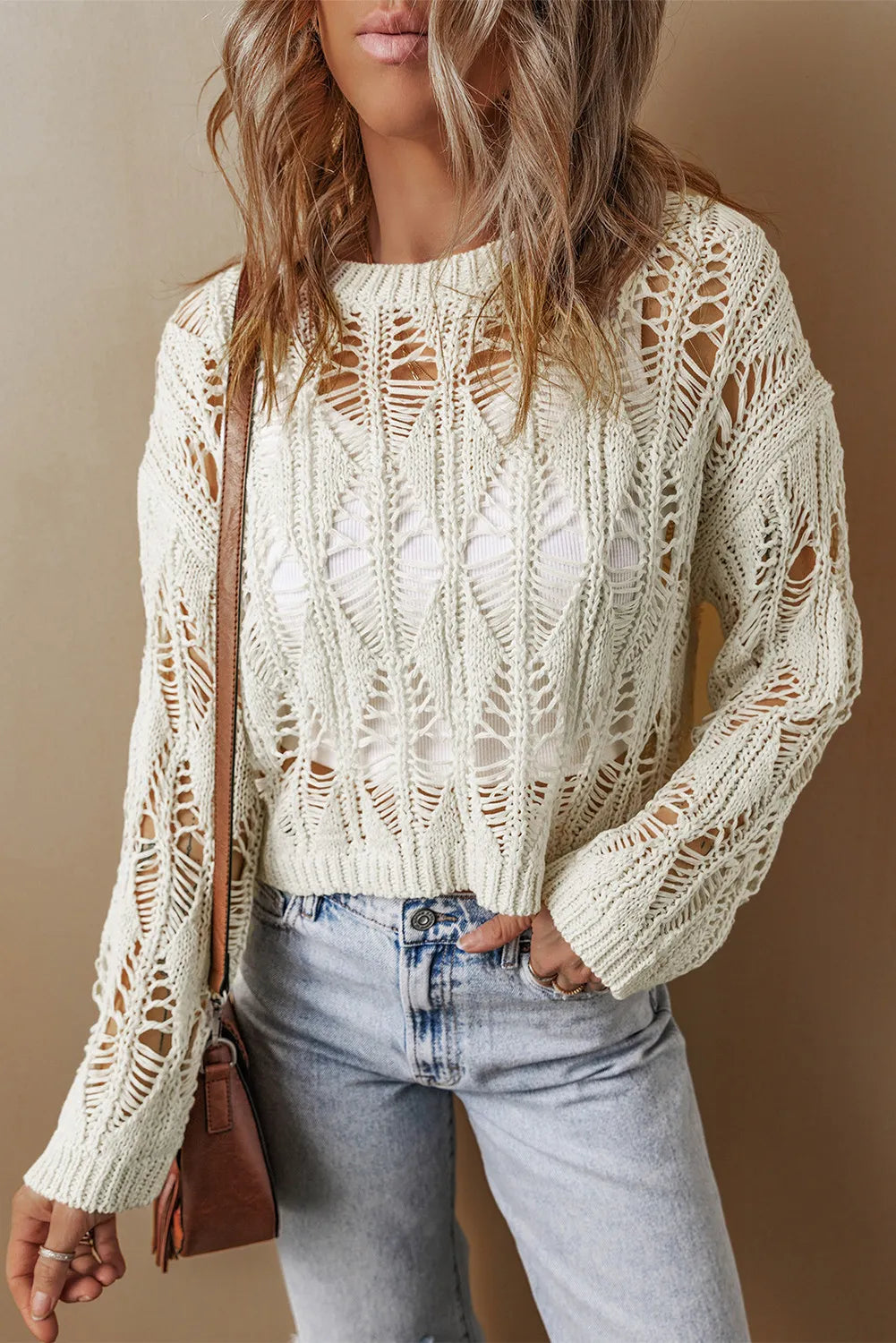 Cutout round neck long sleeve knit cover up