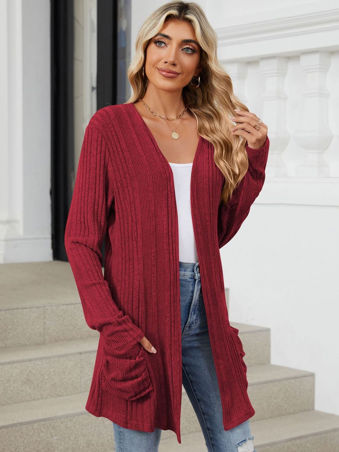 Pocketed open front long sleeve cardigan