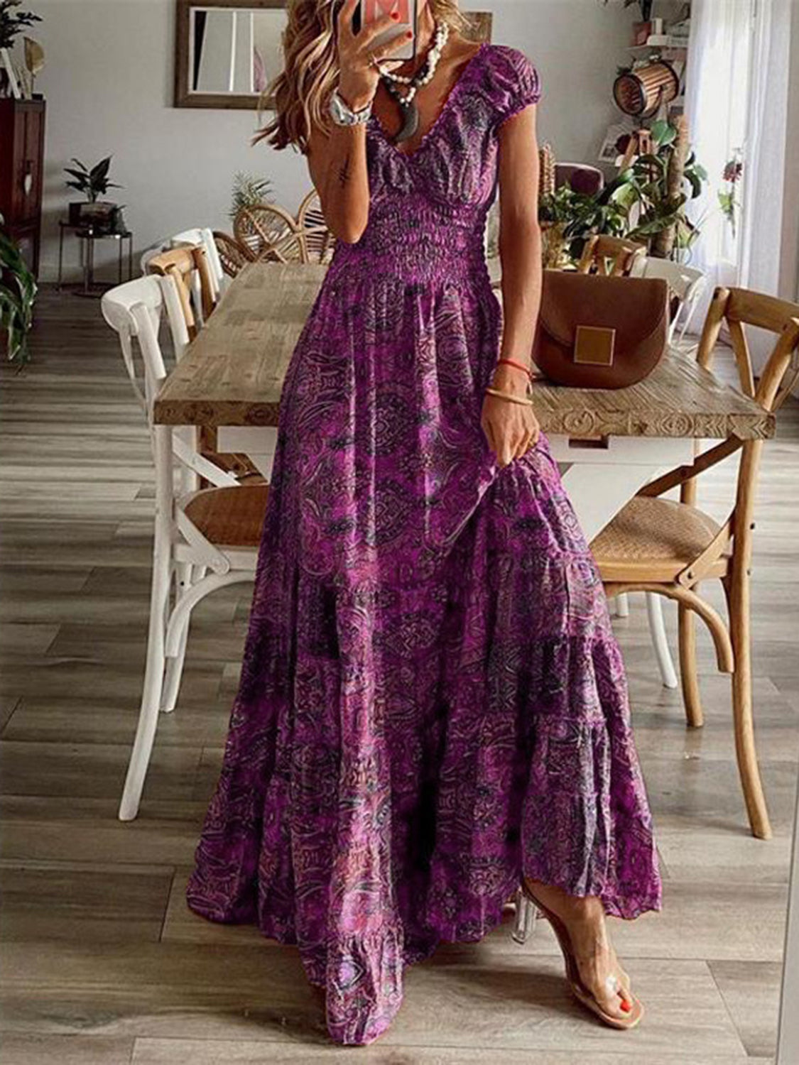 Full size smocked printed v-neck short sleeve dress - deep purple / s