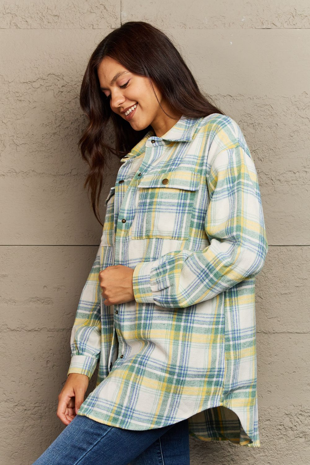 Ninexis full size plaid collared neck button-down long sleeve jacket