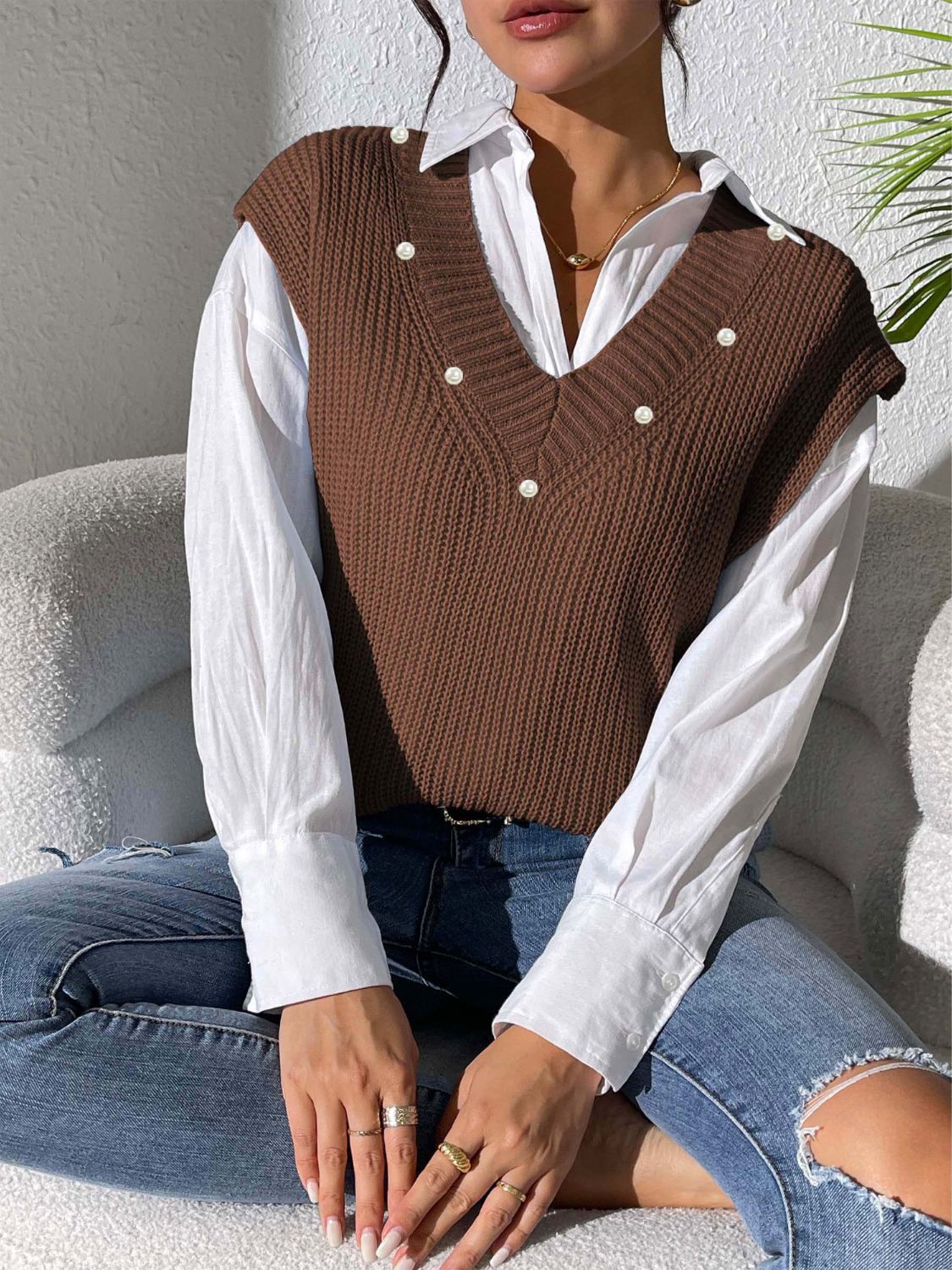 Pearl trim v-neck sweater vest