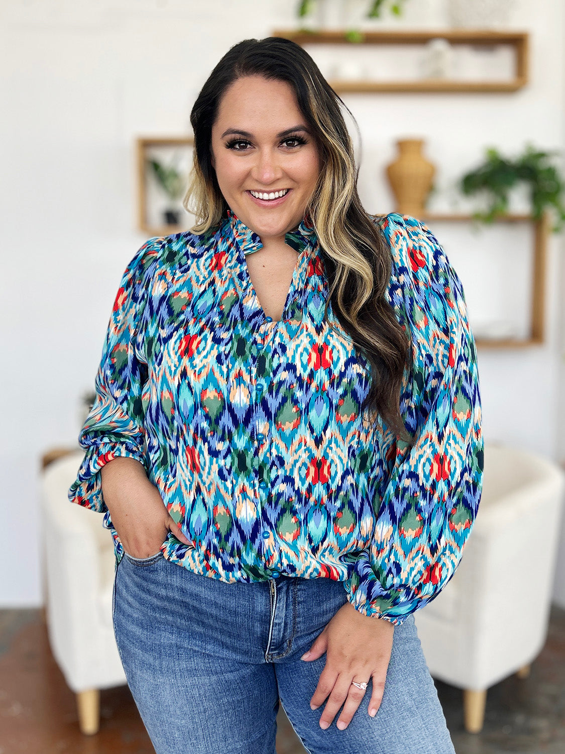 Double take full size printed balloon sleeve blouse