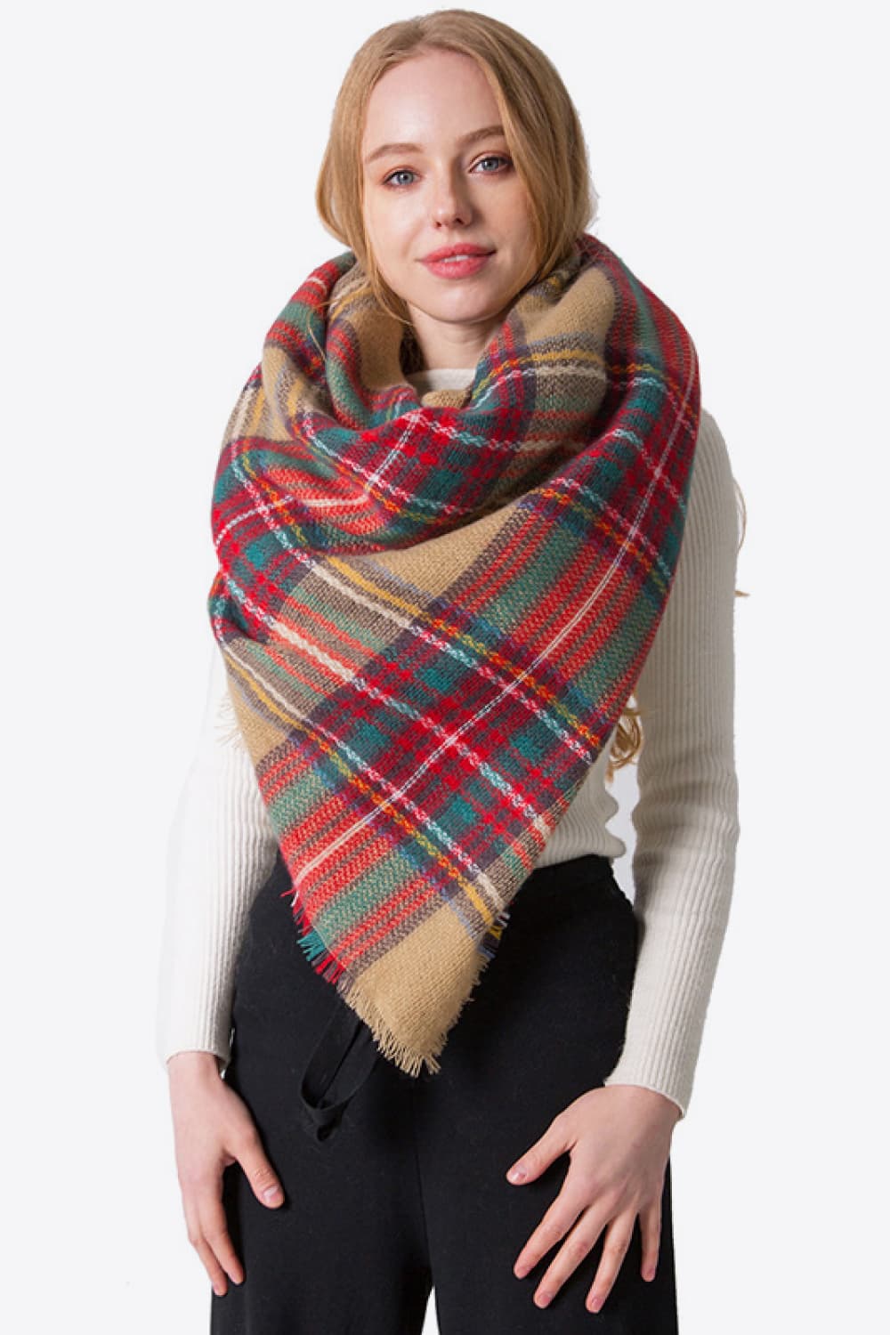 Plaid imitation cashmere scarf - tan / one size