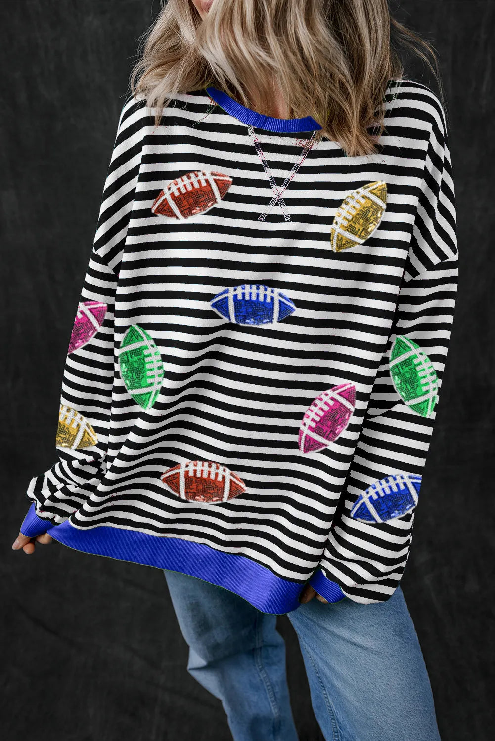 Sequin football striped round neck long sleeve sweatshirt - stripe / s