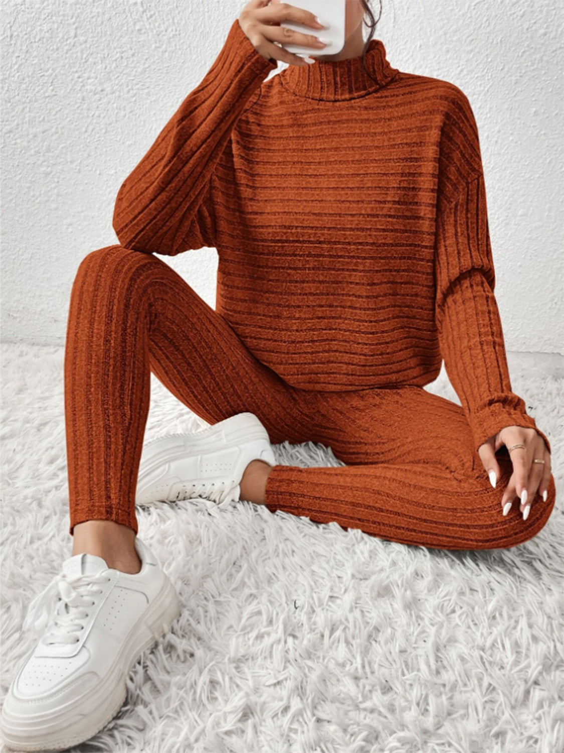 Ribbed turtleneck top and pants set