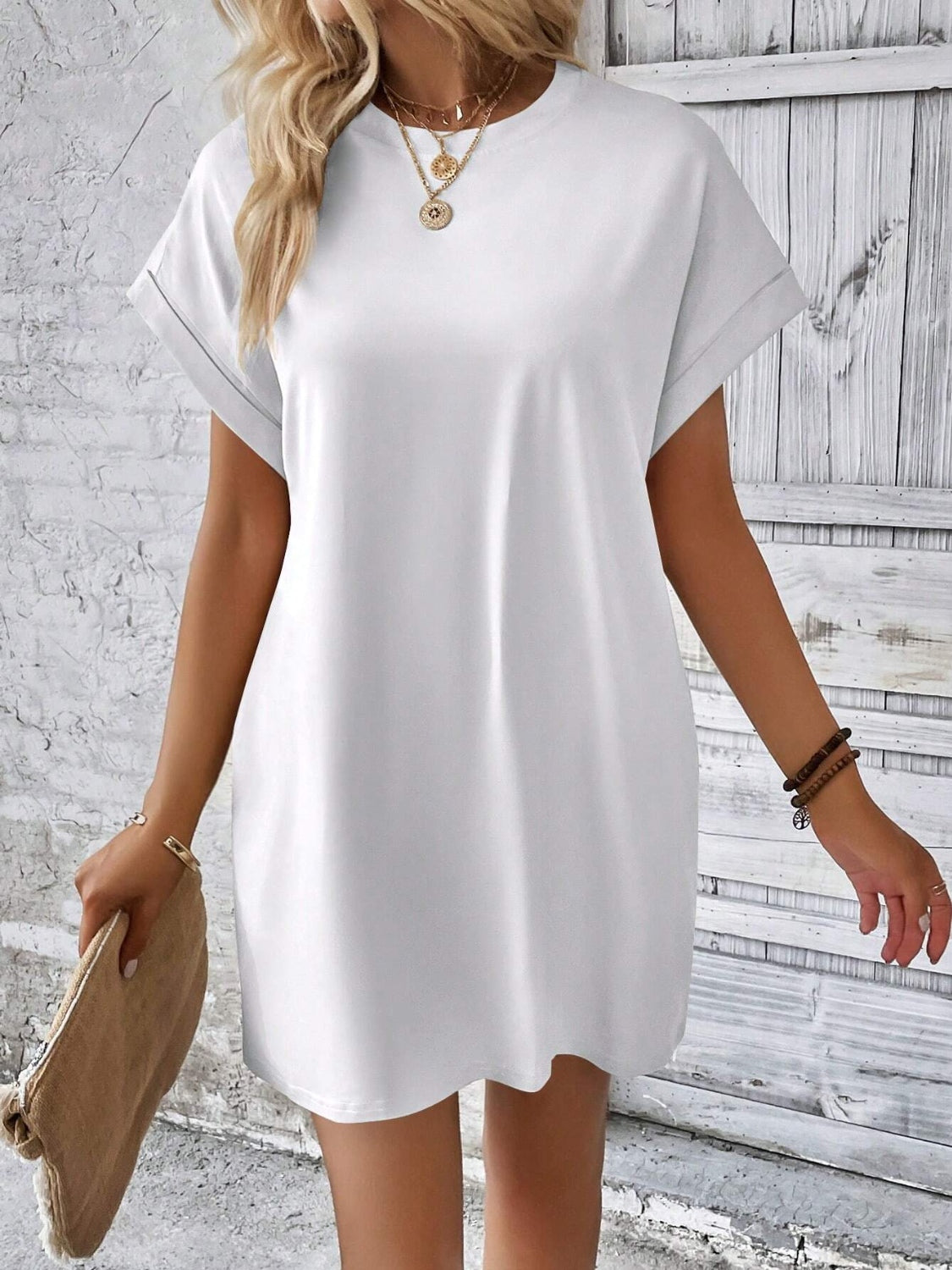 Round neck short sleeve mini dress - white / s